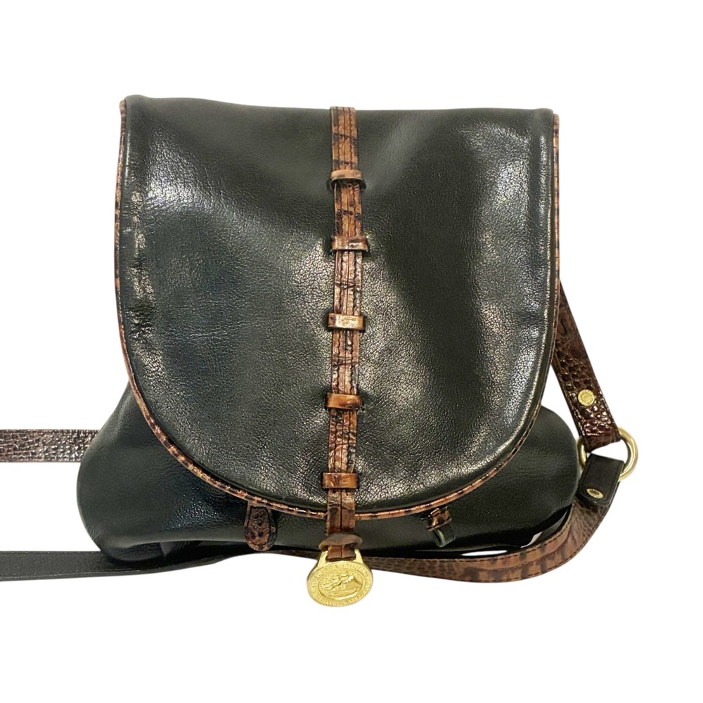 Brahmin Vintage Black Soft Leather Brown Trim Shoulder Bag